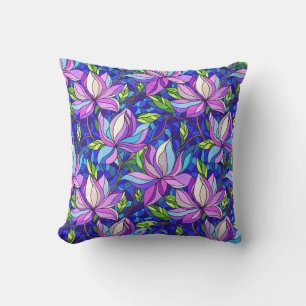 Vibrant Magnolias in Timeless Stained Glass Artist Cushion