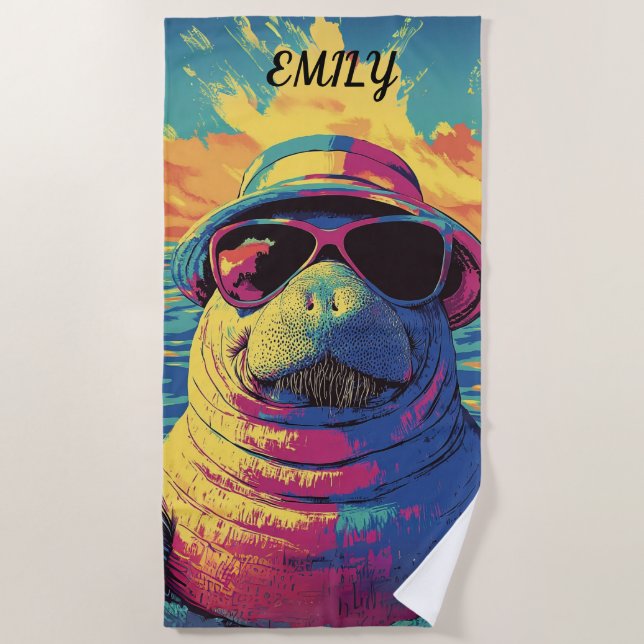 Vibrant Manatee Sunglasses Hat Bright Beach Colour Beach Towel (Front)