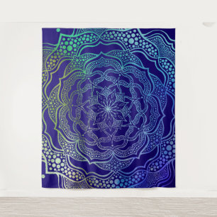 Vibrant Mandala Boho Chic Elegant Navy Blue Green Tapestry