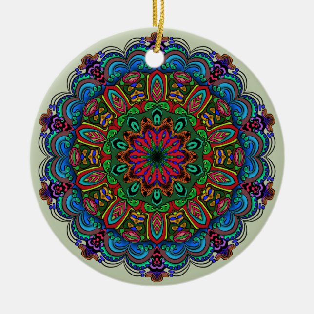 Vibrant Mandala Floral & Geometric Pattern Ceramic Ornament (Front)