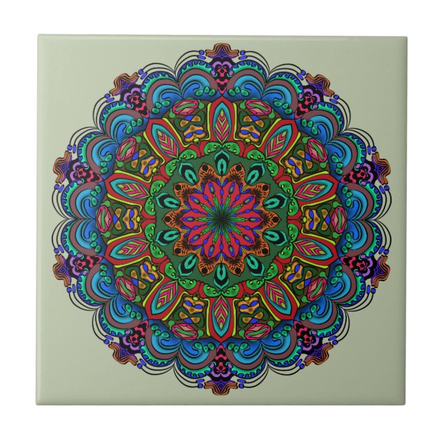 Vibrant Mandala Floral & Geometric Pattern Ceramic Tile (Front)