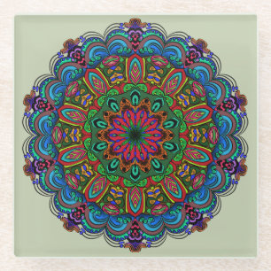 Vibrant Mandala Floral & Geometric Pattern Glass Coaster