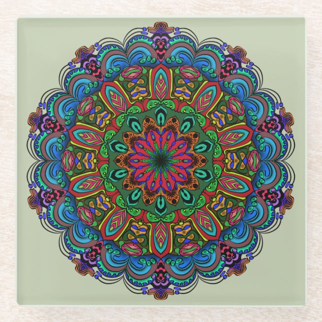 Vibrant Mandala Floral & Geometric Pattern Glass Coaster (Front)