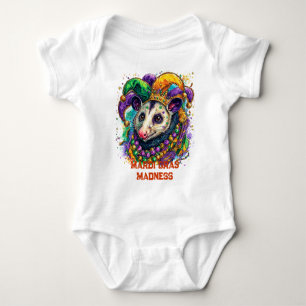 Vibrant Mardi Gras possum in jester mask and beads Baby Bodysuit