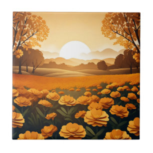 Vibrant Marigold Fields With Sunlit Ceramic Tile