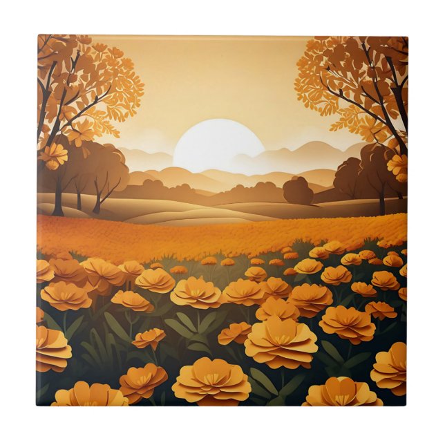 Vibrant Marigold Fields With Sunlit Ceramic Tile (Front)