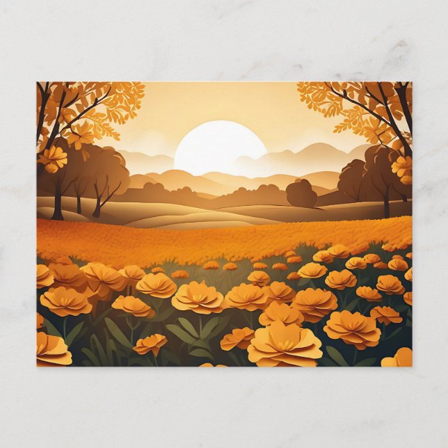 Vibrant Marigold Fields With Sunlit Postcard (Front)