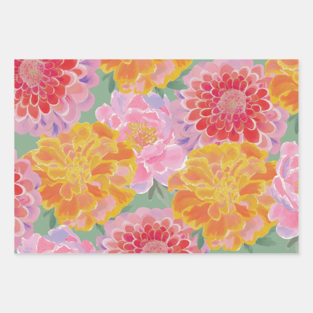 Vibrant Marigold Zinnia Summer Floral Wrapping Paper Sheet (Front)