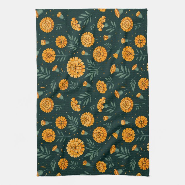 Vibrant Marigolds Pattern Tea Towel (Vertical)