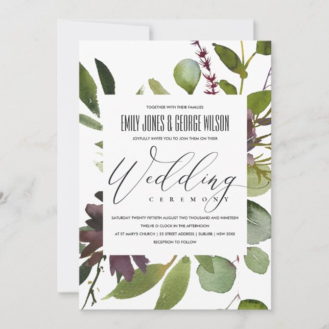 VIBRANT MAROON GREEN BLOOM FOLIAGE BUNCH WEDDING INVITATION (Front)