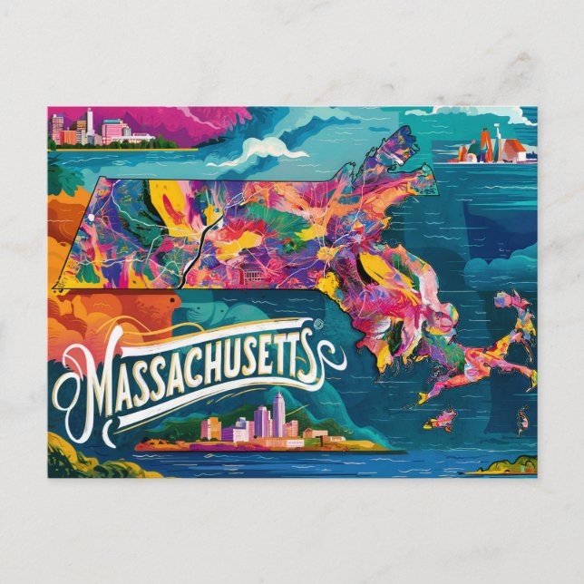 Vibrant Massachusetts Map Art Postcard (Front)