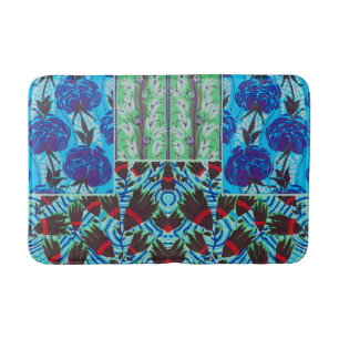 Vibrant Maximalist Blue & Green Floral Art Bath Mat