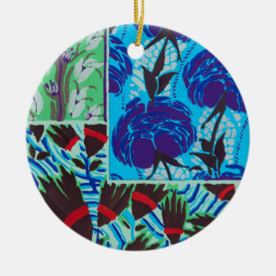 Vibrant Maximalist Blue & Green Floral Art Ceramic Ornament