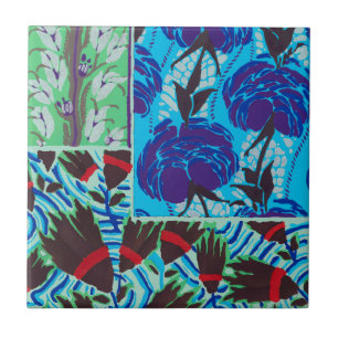 Vibrant Maximalist Blue & Green Floral Art Ceramic Tile