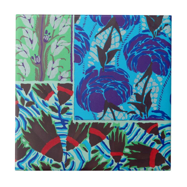 Vibrant Maximalist Blue & Green Floral Art Ceramic Tile (Front)