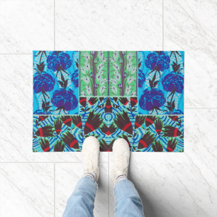 Vibrant Maximalist Blue & Green Floral Art Doormat