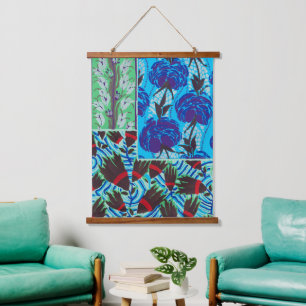 Vibrant Maximalist Blue & Green Floral Art Hanging Tapestry