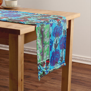 Vibrant Maximalist Blue & Green Floral Art Long Table Runner