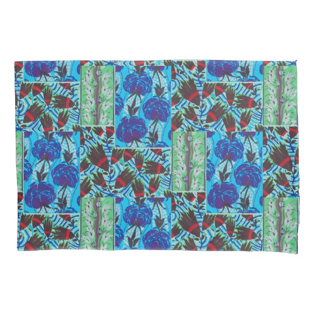 Vibrant Maximalist Blue & Green Floral Art Pillowcase (Front)