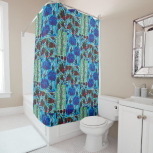 Vibrant Maximalist Blue & Green Floral Art Shower Curtain
