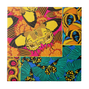Vibrant Maximalist Pink & Teal Butterfly Art Ceramic Tile