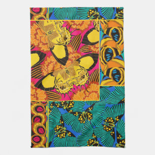 Vibrant Maximalist Pink & Teal Butterfly Art Tea Towel