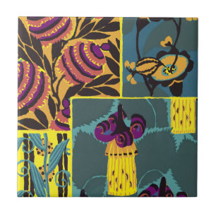 Vibrant Maximalist Purple & Teal Floral Print Ceramic Tile