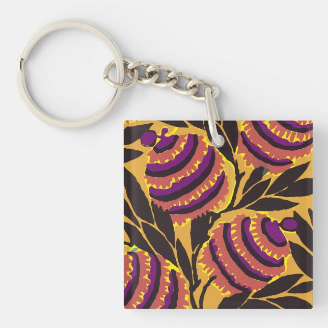 Vibrant Maximalist Purple & Teal Floral Print Key Ring (Front)