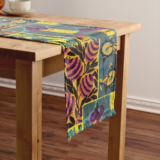 Vibrant Maximalist Purple & Teal Floral Print Long Table Runner (In Situ)