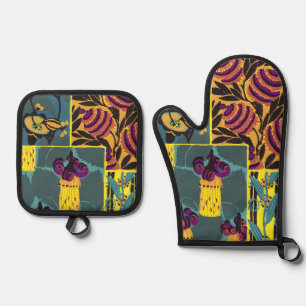 Vibrant Maximalist Purple & Teal Floral Print Oven Mitt & Pot Holder Set