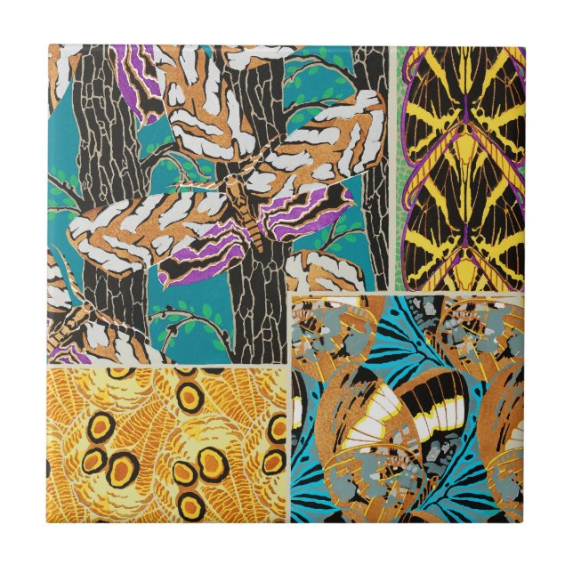 Vibrant Maximalist Teal & Purple Butterfly Art Ceramic Tile (Front)