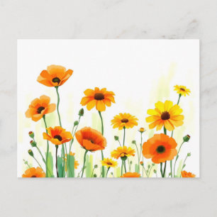 Vibrant Meadow Watercolor with Poppies Sunflowers Postcard