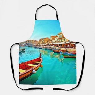 Vibrant Mediterranean Port Life Design Apron