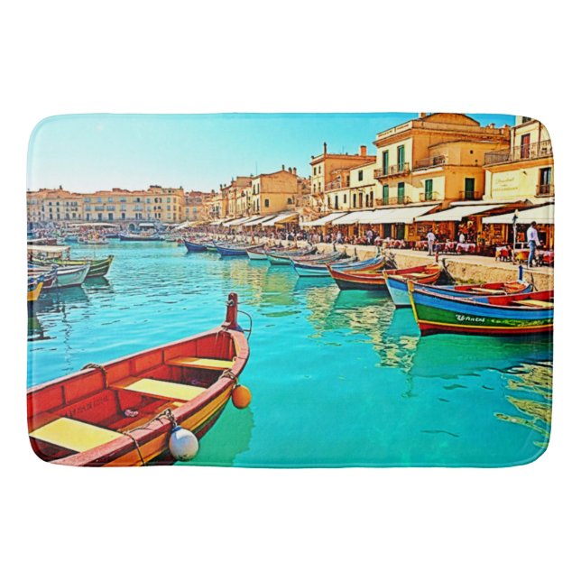 Vibrant Mediterranean Port Life Design Bath Mat (Front)