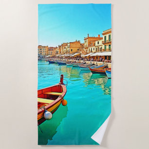 Vibrant Mediterranean Port Life Design Beach Towel