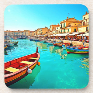 Vibrant Mediterranean Port Life Design Coaster