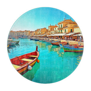 Vibrant Mediterranean Port Life Design Cutting Board
