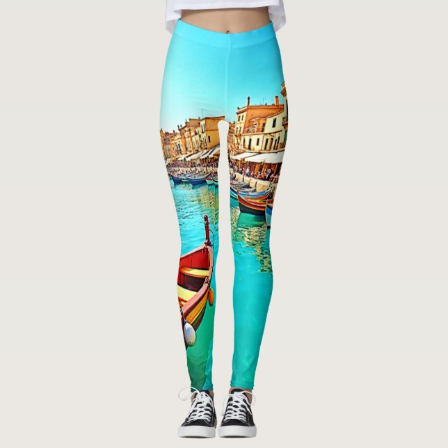 Vibrant Mediterranean Port Life Design Leggings (Front)