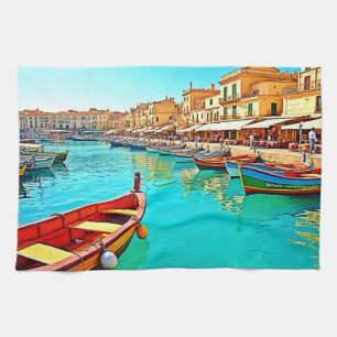 Vibrant Mediterranean Port Life Design Tea Towel