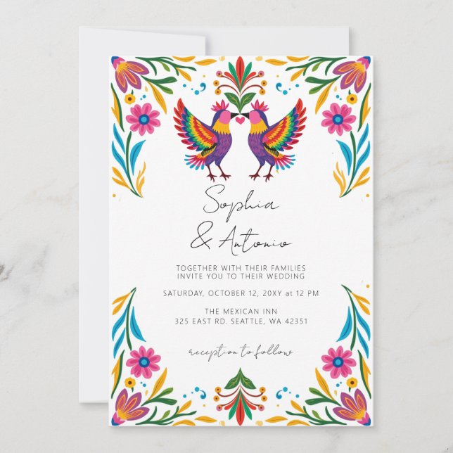 Vibrant Mexican Birds Otomi Floral Fiesta Wedding Invitation (Front)