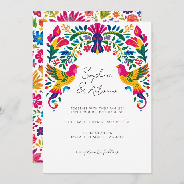 Vibrant Mexican Birds Otomi Floral Fiesta Wedding Invitation (Front/Back)
