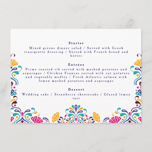Vibrant Mexican Fiesta Style Rainbow Wedding Menu (Front)