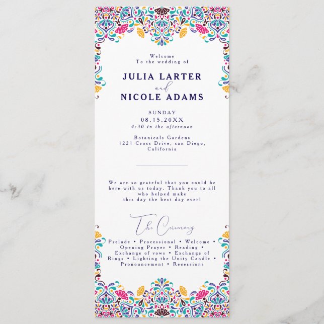 Vibrant Mexican Fiesta Style Rainbow Wedding Program (Front)