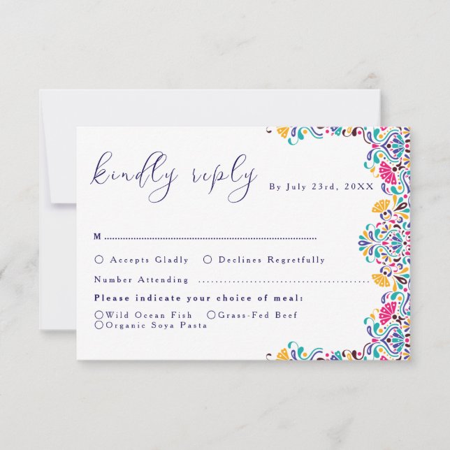 Vibrant Mexican Fiesta Style Rainbow Wedding RSVP Card (Front)