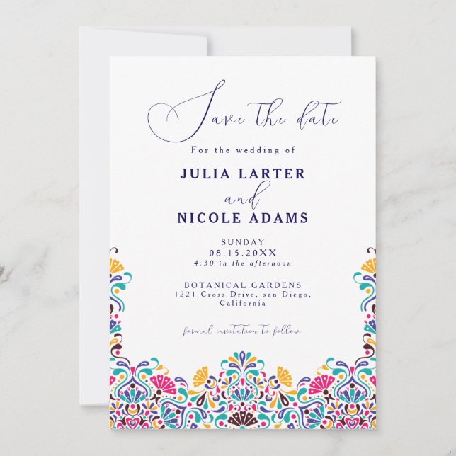 Vibrant Mexican Fiesta Style Rainbow Wedding Save The Date (Front)