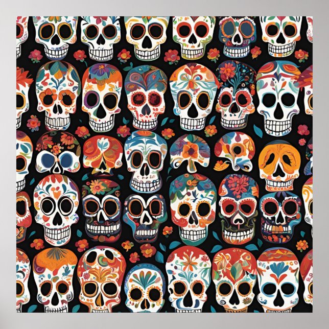 Vibrant Mexican Folk Art Skull Design  Poster (Front)