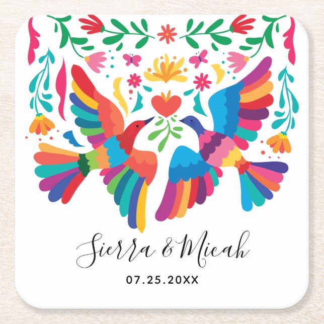 Vibrant Mexican Inspired Birds and Floral Square Paper Coaster (Front)