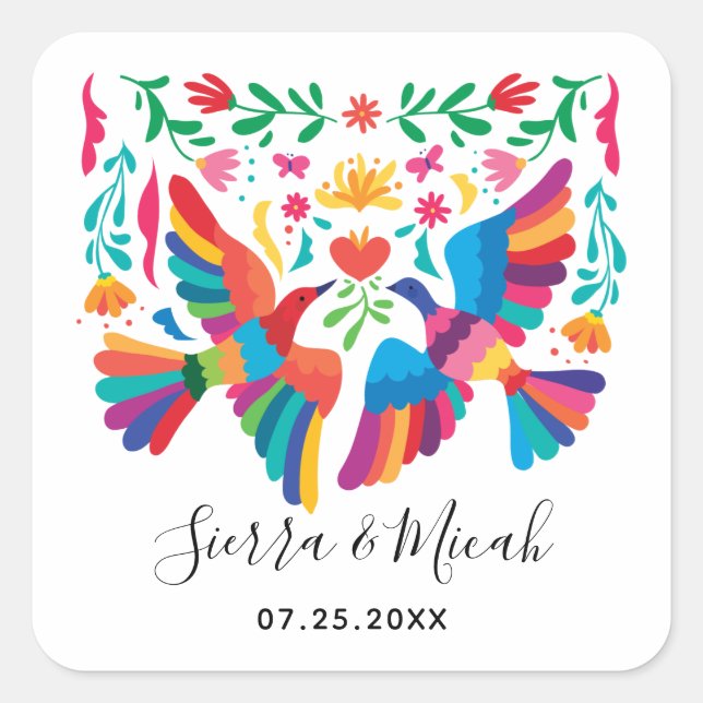 Vibrant Mexican Inspired Birds and Floral Square Sticker (Front)