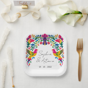 Vibrant Mexican Otomi Birds Floral Fiesta Wedding Paper Plate
