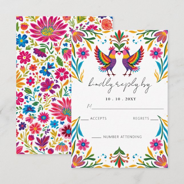 Vibrant Mexican Otomi Birds Floral Fiesta Wedding RSVP Card (Front/Back)